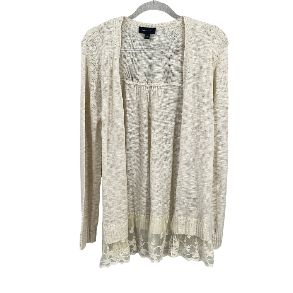 AB Studio Cardigan Sweater Women L Cream‎ Lace Hem Boho Open Front Boho Romantic